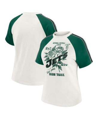 WEAR by Erin Andrews - Women's White New York Jets Sleeve Stripe Distressed Raglan T-Shirt