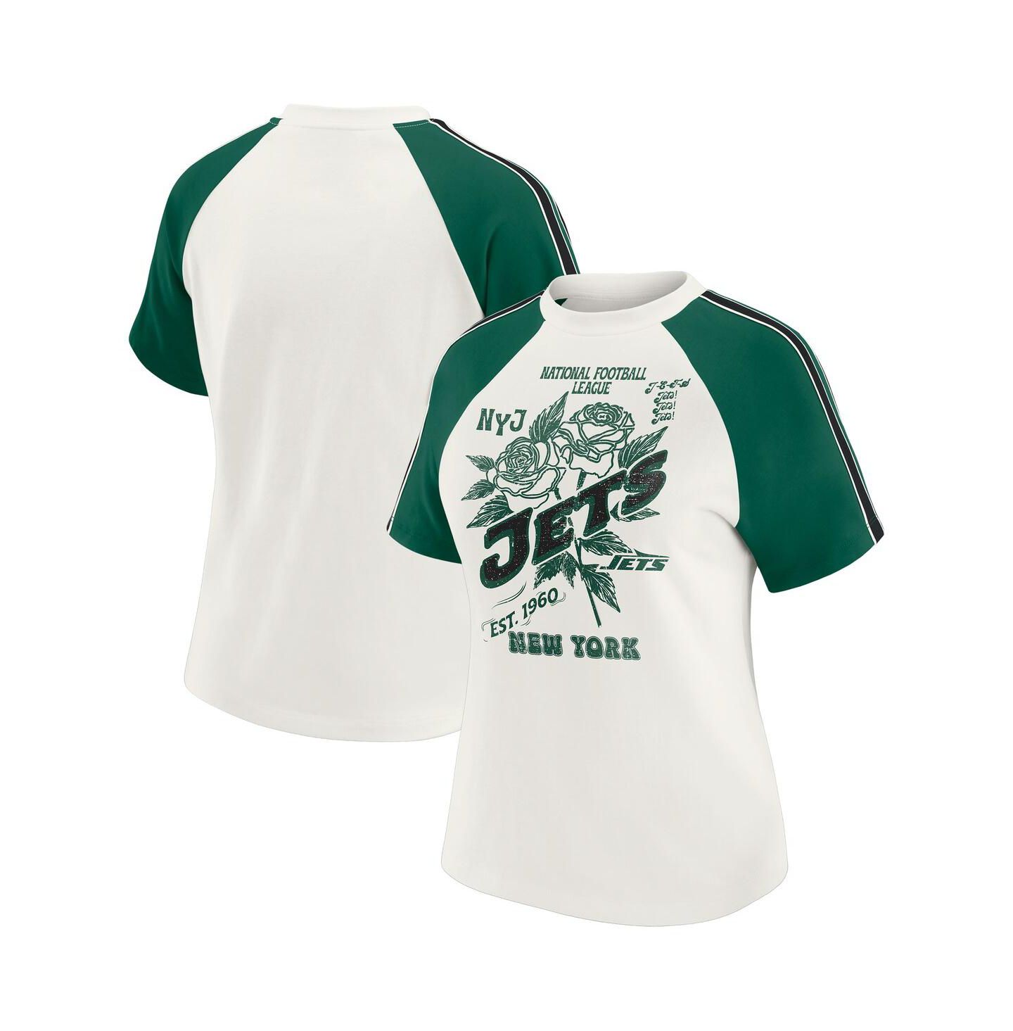 Женская футболка WEAR by Erin Andrews White New York Jets Sleeve Stripe Distressed Raglan — фото 1