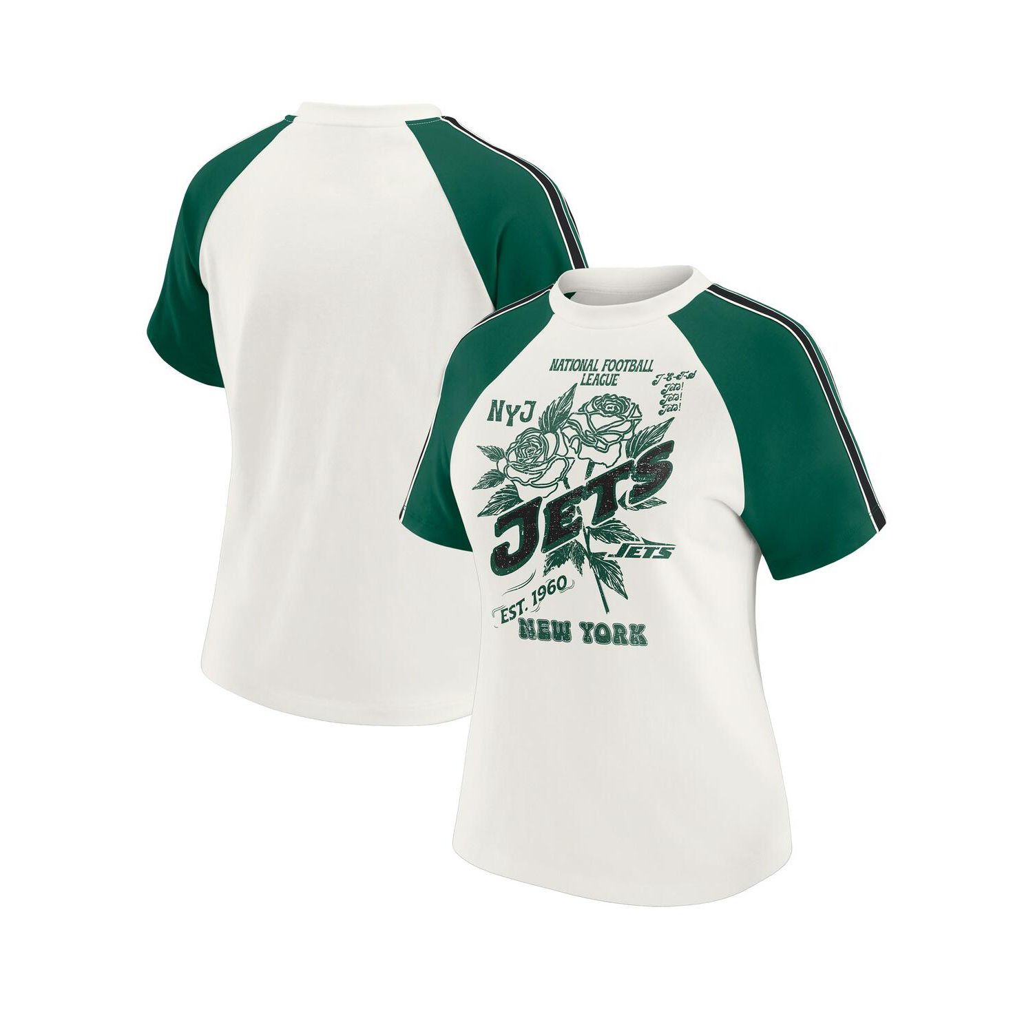 Women's White New York Jets Sleeve Stripe Distressed Raglan T-Shirt