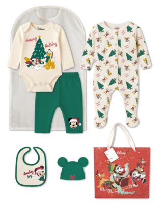 Disney - Baby Boys 5-Piece Mickey and Pluto Holiday Coverall, Bodysuit, Cap, Bib and Pants Set