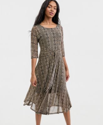 Women's Printed Tie-Waist Midi Dress