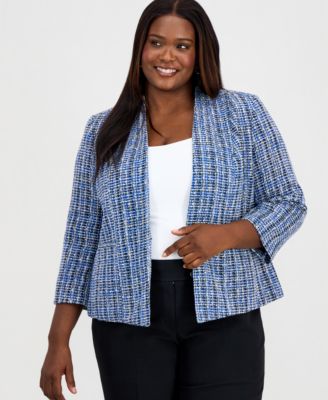 Kasper - Plus Size Open-Front 3/4-Sleeve Tweed Cardigan