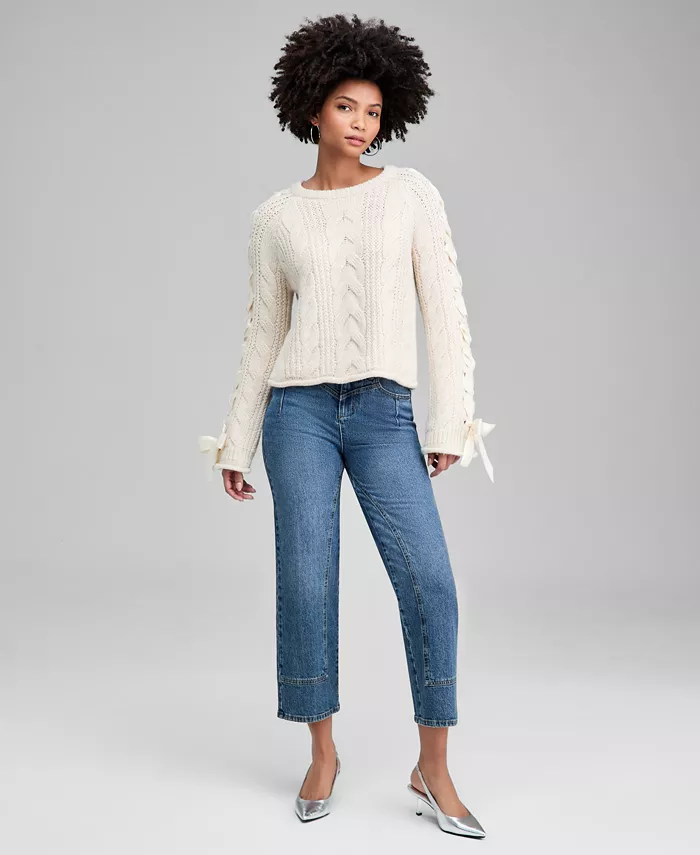 Women's Satin-Bow-Sleeve Sweater - thumbnail 4