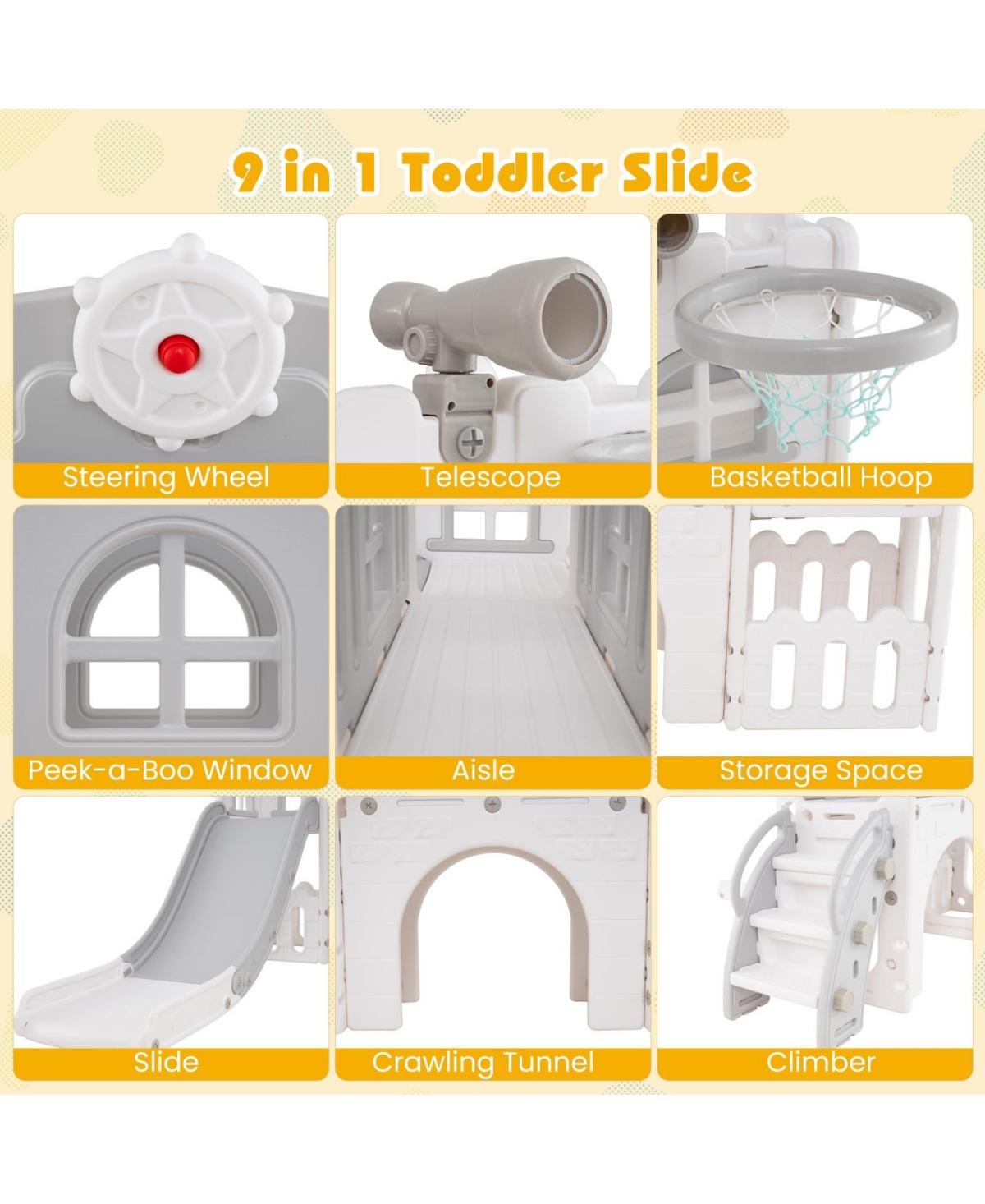 9-in-1 Toddler Slide L-Shaped with Basketball Hoop and Steering Wheel