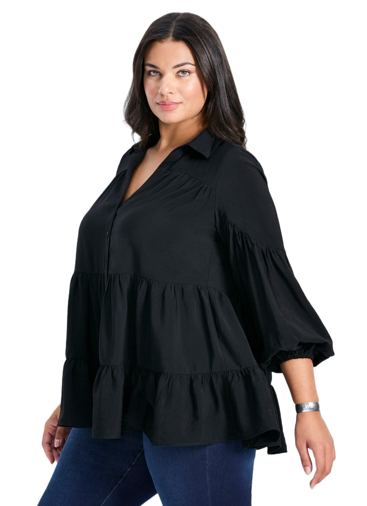 Женская рубашка Avenue Plus Size Amari Tiered Tunic, цвет: Чёрный — фото 3