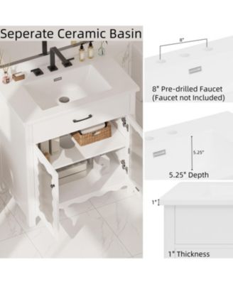 31 Inch Bathroom Vanity with Tempered Glass Modern Bathroom Cabinet with Rubber Wood Legs and Soft Close Doors Freestanding Storage White