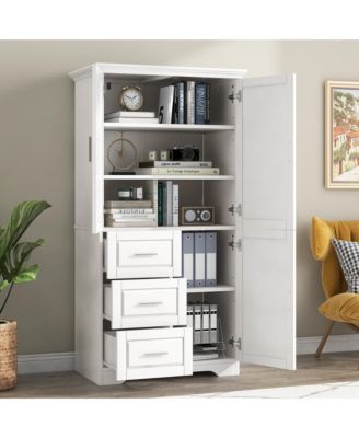 Tall and Wide Storage Cabinet with Doors and Three Drawers White Freestanding Organizer for Bathroom Office and Living Room