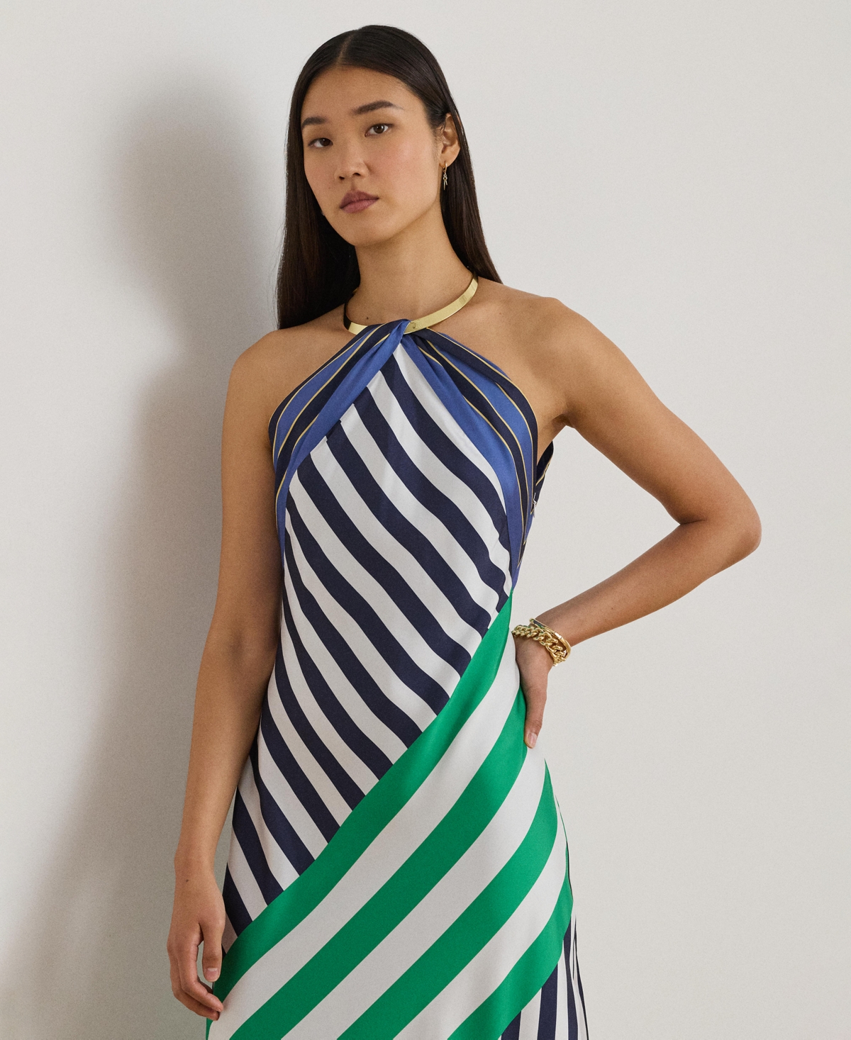 Lauren Ralph Women's Striped Twill Halter Cocktail Dress