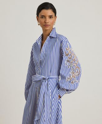 Women's Striped Eyelet Broadcloth Belted Shirt Dress