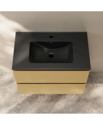 Liberte 30" Wall-Mounted Bathroom Vanity in Natural Oak with Black Sink Top