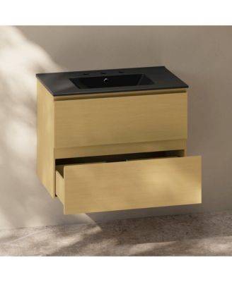 30" Freestanding Bathroom Vanity, Natural Oak, Black 3-Hole Widespread Sink Top