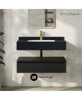 Avancer 36" Wall-Mounted Bathroom Vanity in Black Oak with Black Marble Sink Top