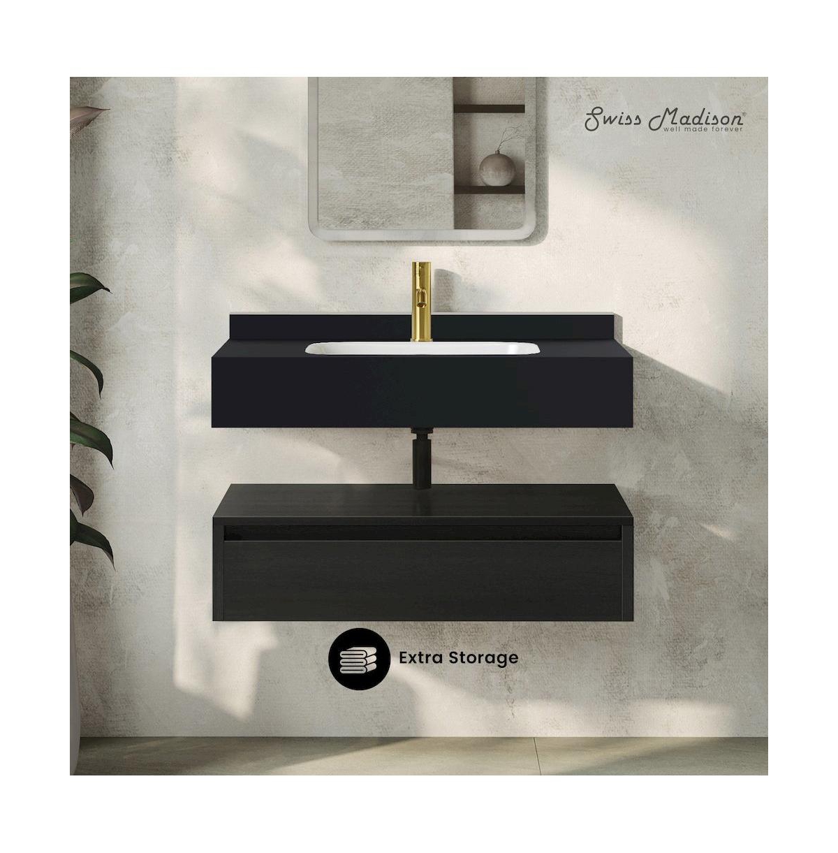 Swiss Madison Avancer 36" Wall-Mounted Bathroom Vanity in Black Oak with Black Marble Sink Top