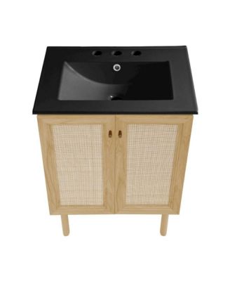 24" Freestanding Bathroom Vanity in Natural Oak, Black 3-Hole Centerset Sink Top