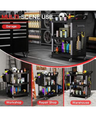 3-Tier Rolling Tool Cart, Utility Cart with Side Shelf and Hook