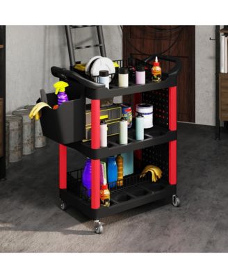 3-Tier Rolling Tool Cart, Utility Cart with Side Shelf & Hook