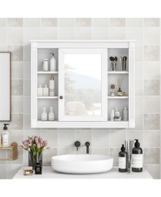 35 x 28 Wall Mounted Bathroom Storage Cabinet Medicine Cabinet Modern Bathroom Wall Cabinet with Mirror and 6 Open Shelves