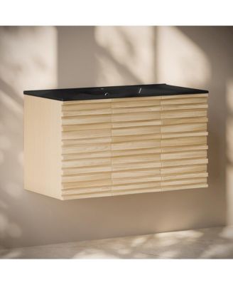 Cascade 36" Wall-Mounted Bathroom Vanity in Natural Oak with Black Sink Top