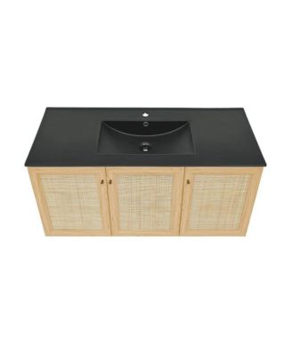 Classe 48" Wall-Mounted Bathroom Vanity in Natural Oak with Black Sink Top