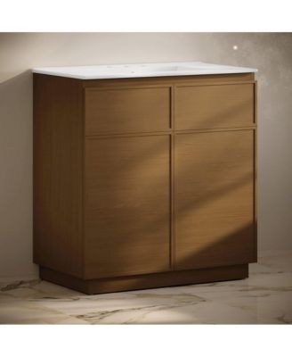 36" Freestanding Bathroom Vanity in Brown Oak with 3-Hole Widespread Sink Top