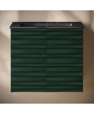 24" Wall-Mounted Bathroom Vanity in Green Oak, Black 3-Hole Widespread Sink Top