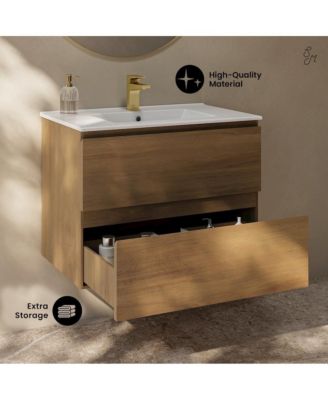 Liberte 30" Wall-Mounted Bathroom Vanity in Brown Oak with Sink Top