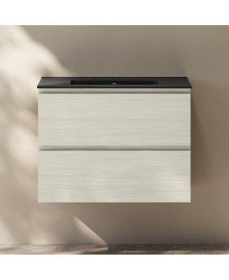 30" Wall-Mounted Bathroom Vanity in White Oak, Black 3-Hole Widespread Sink Top