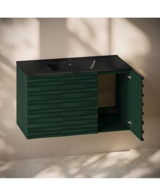 Cascade 36 " Wall-Mounted Bathroom Vanity in Green Oak with Black Sink Top