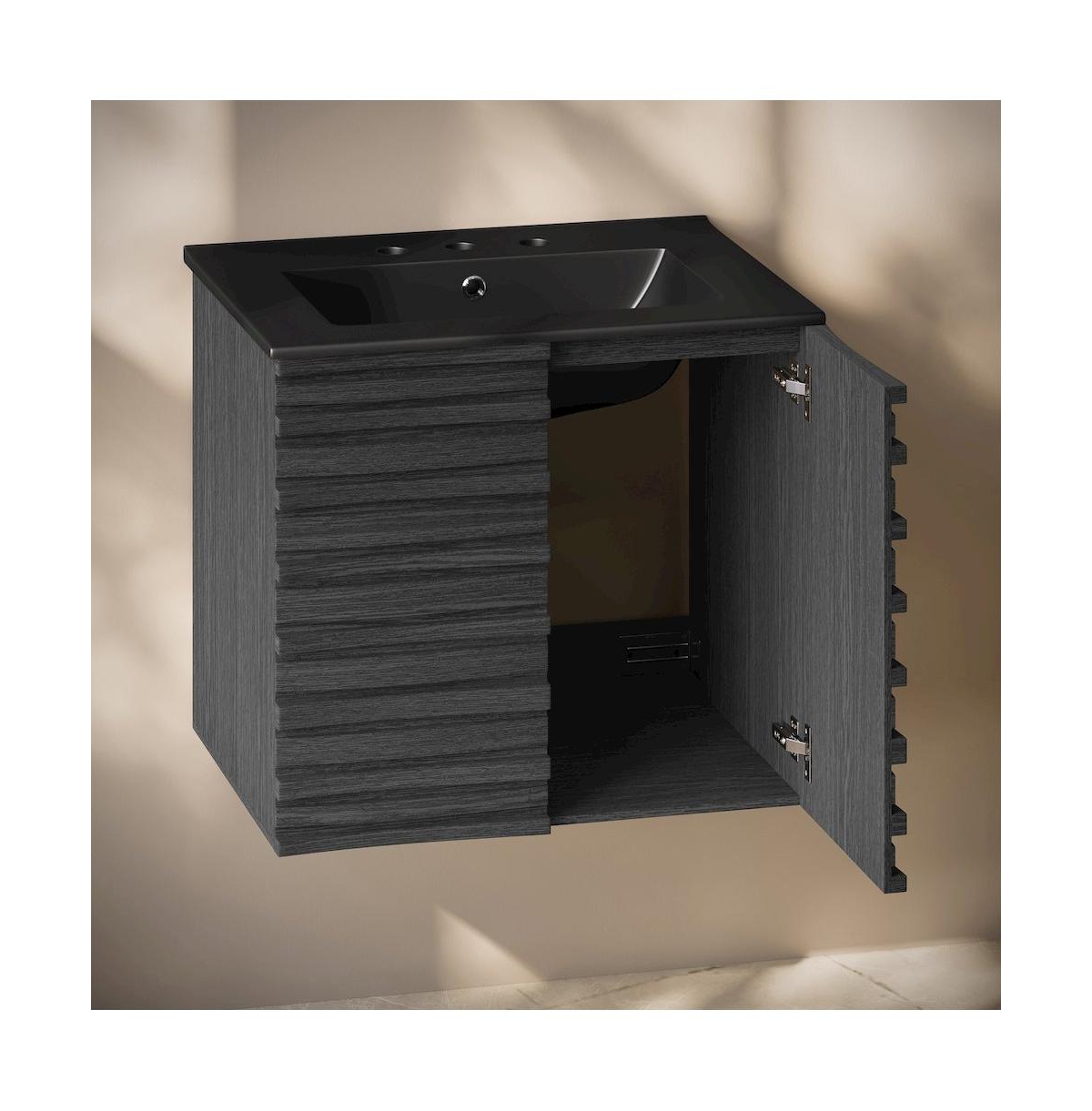 24" Wall-Mounted Bathroom Vanity in Black Oak, Black 3-Hole Widespread Sink Top