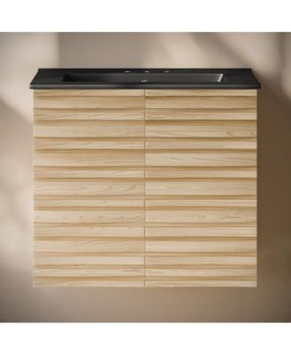 24" Wall-Mounted Bathroom Vanity in Natural Oak, Black 3-Hole Centerset Sink Top