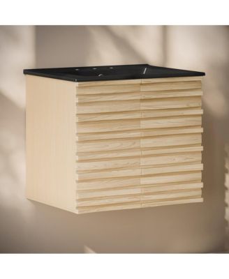 24" Wall-Mounted Bathroom Vanity, Natural Oak, Black 3-Hole Widespread Sink Top