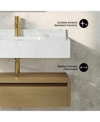 36" Wall-Mounted Bathroom Vanity in Natural Oak with White Marble Sink Top