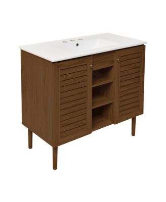 36" Freestanding Bathroom Vanity in Brown Oak with 3-Hole Widespread Sink Top