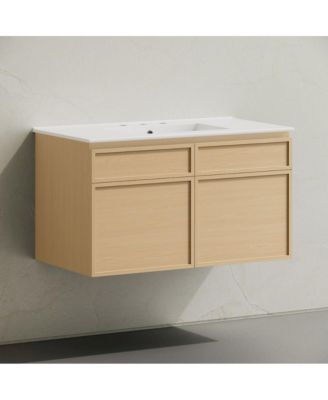 36" Wall-Mounted Bathroom Vanity in Natural Oak with 3-Hole Widespread Sink Top