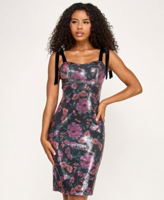 Juniors' Velvet Shoulder Tie Floral Sequin Dress
