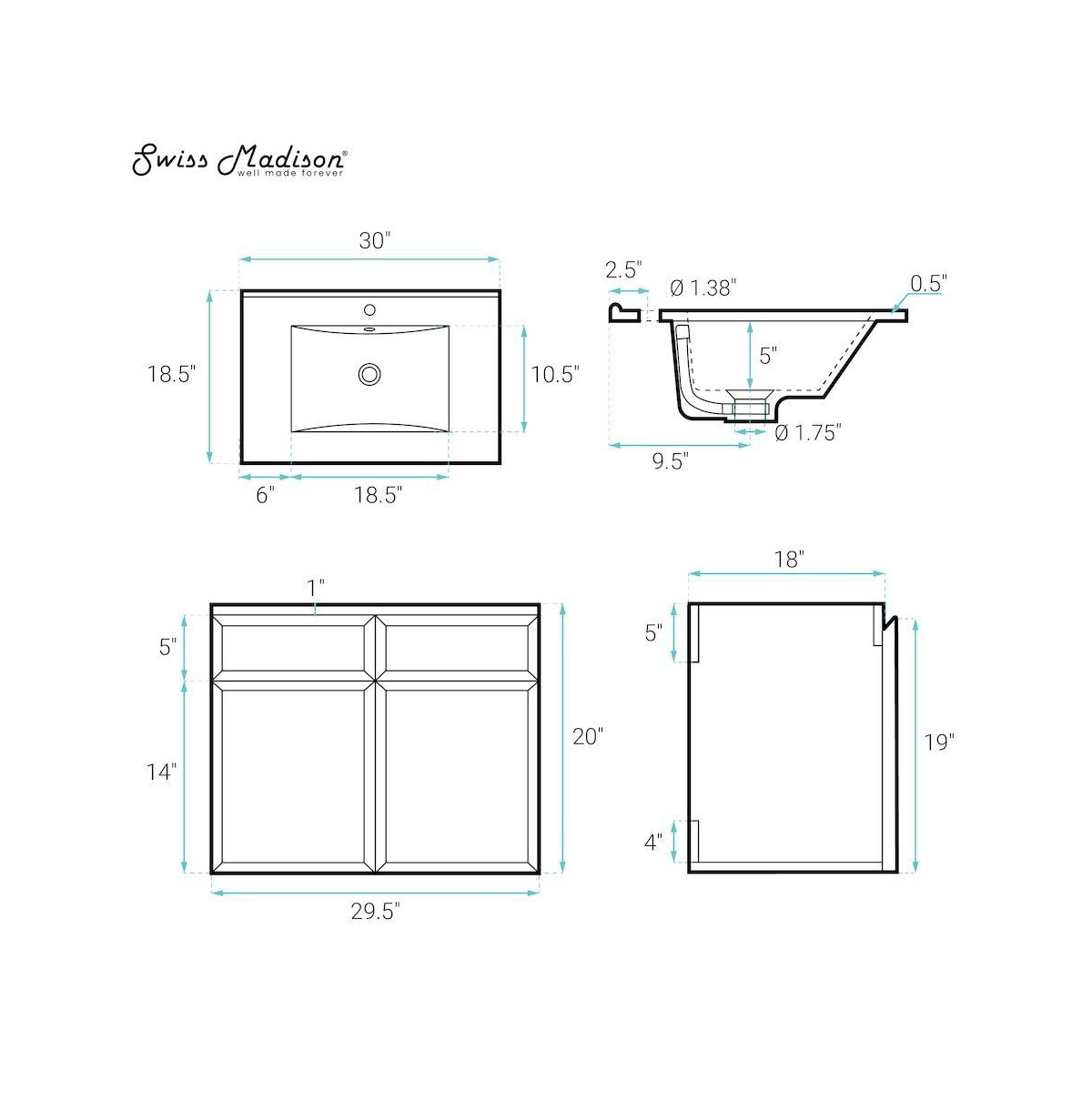 St. Tropez 30" Wall-Mounted Bathroom Vanity in Natural Oak with Black Sink Top
