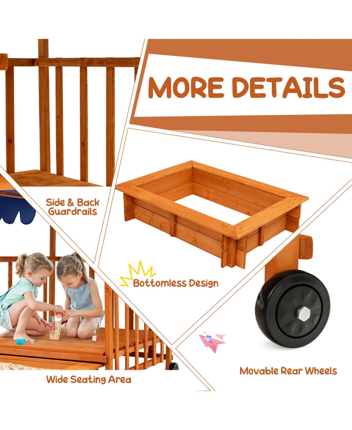 Kids Outdoor Wooden Retractable Sandbox with Cover and Built-in Wheels