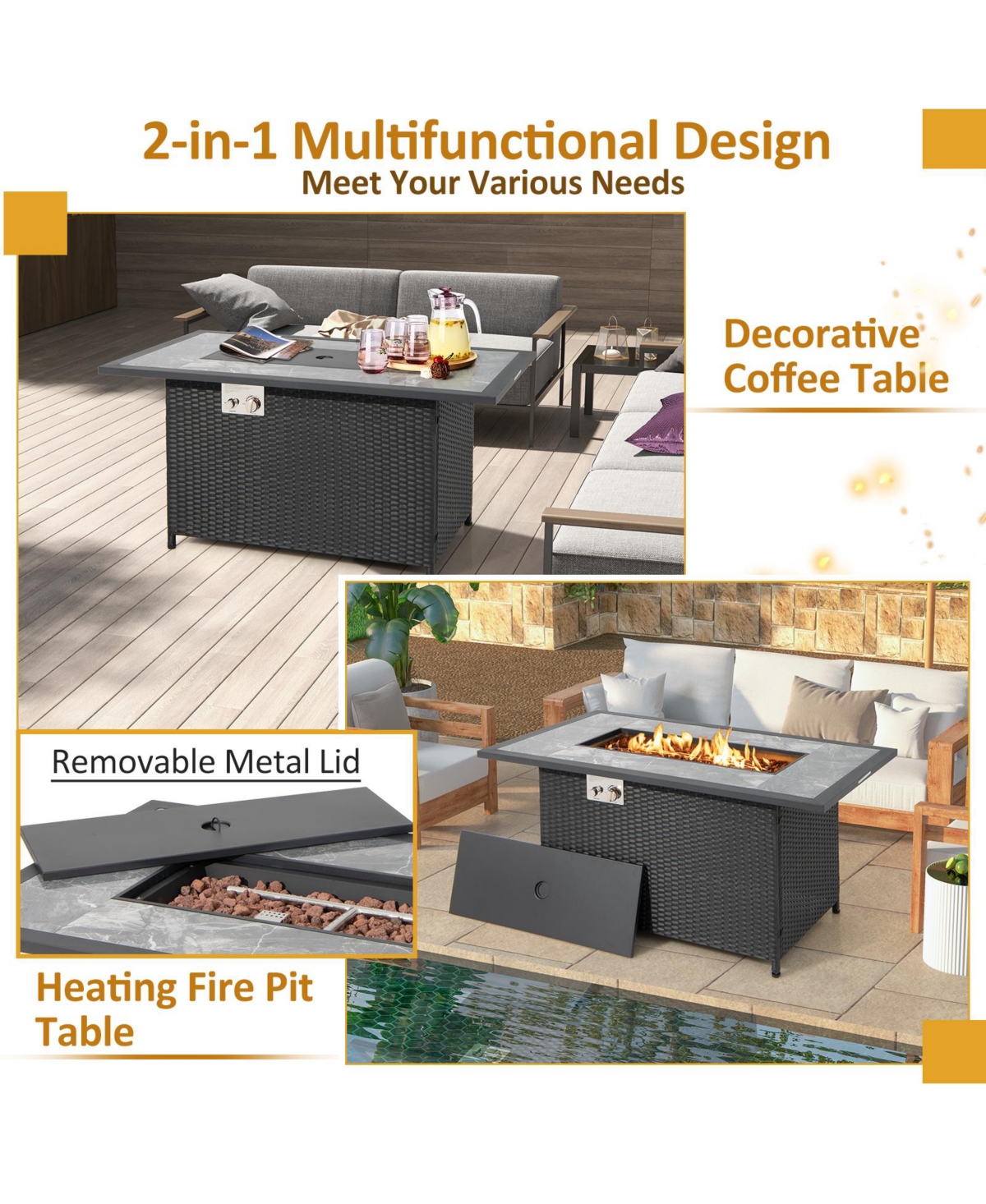 Mecale 52 Inch Rattan Wicker Propane Fire Pit Table with Rain Cover and Lava Rock