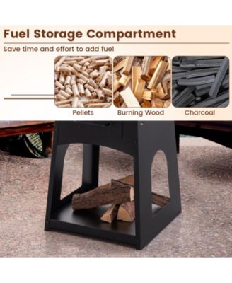 Patio Fire Pit with Firewood Log Rack with Grill and Ash Box