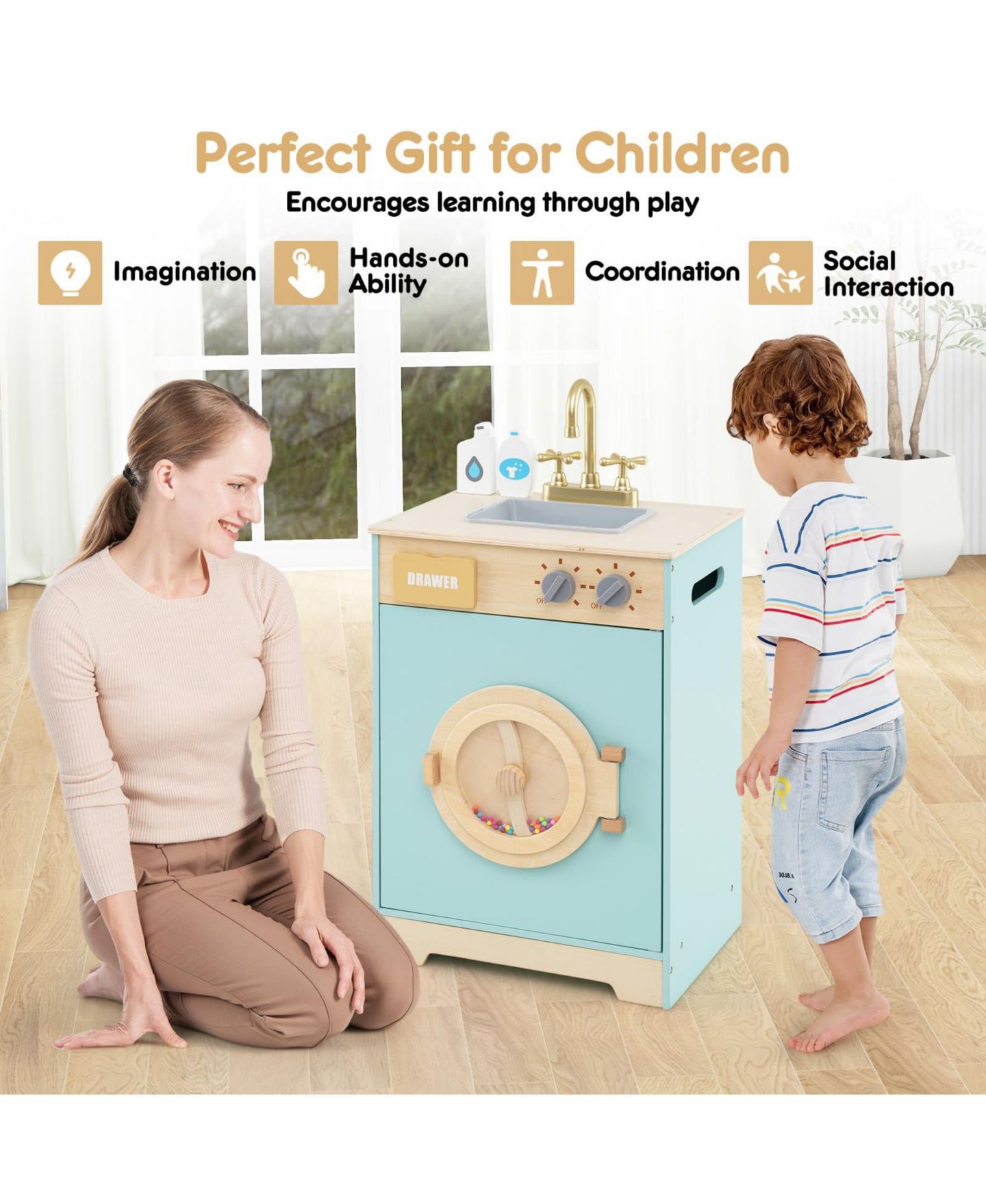 Детский игровой набор Mecale Wooden Washing Machine Playset with Realistic Sounds, 3-Piece, Ages 3+, цвет: Синий — фото 5