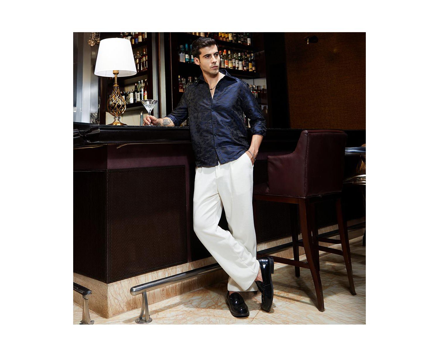 Men's Navy Blue Abstract-Woven Shirt