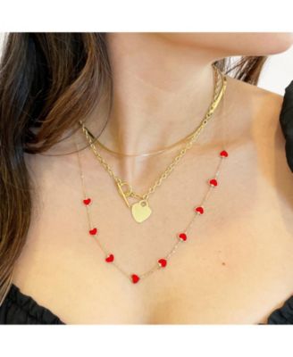 Coral Heart Station Necklace 14K Gold