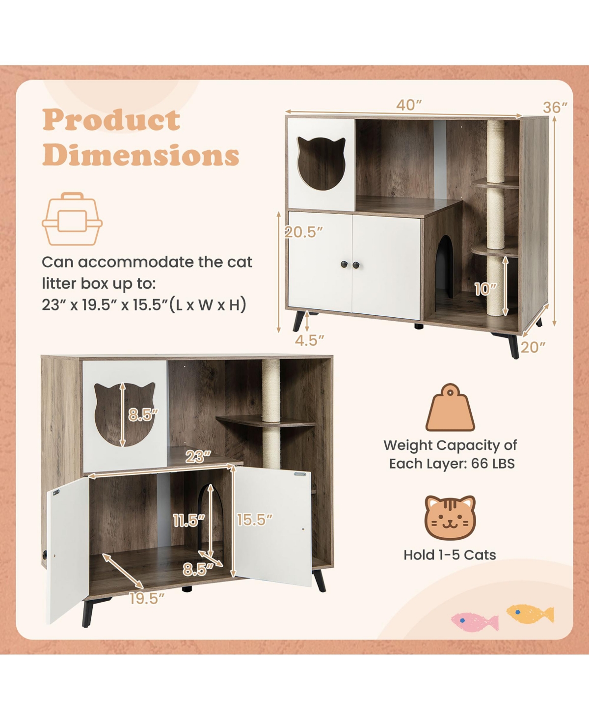 Gymax Cat Litter Box Enclosure 5-in-1 Enlarged Cat Litter Cabinet Furniture
