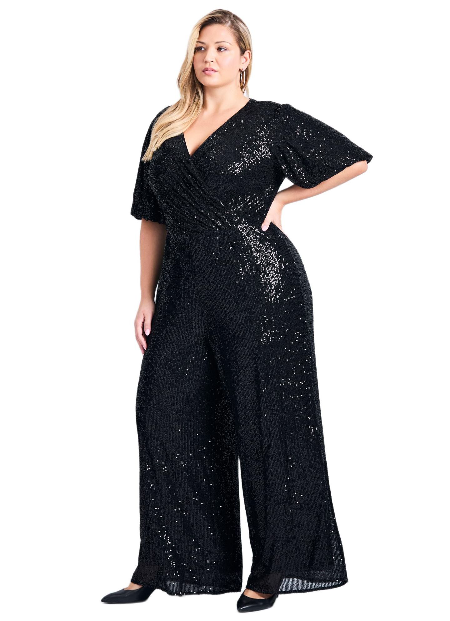 Женский комбинезон AVENUE Plus Size Nada Sequin Puff Sleeve Jumpsuit, цвет: Чёрный — фото 3