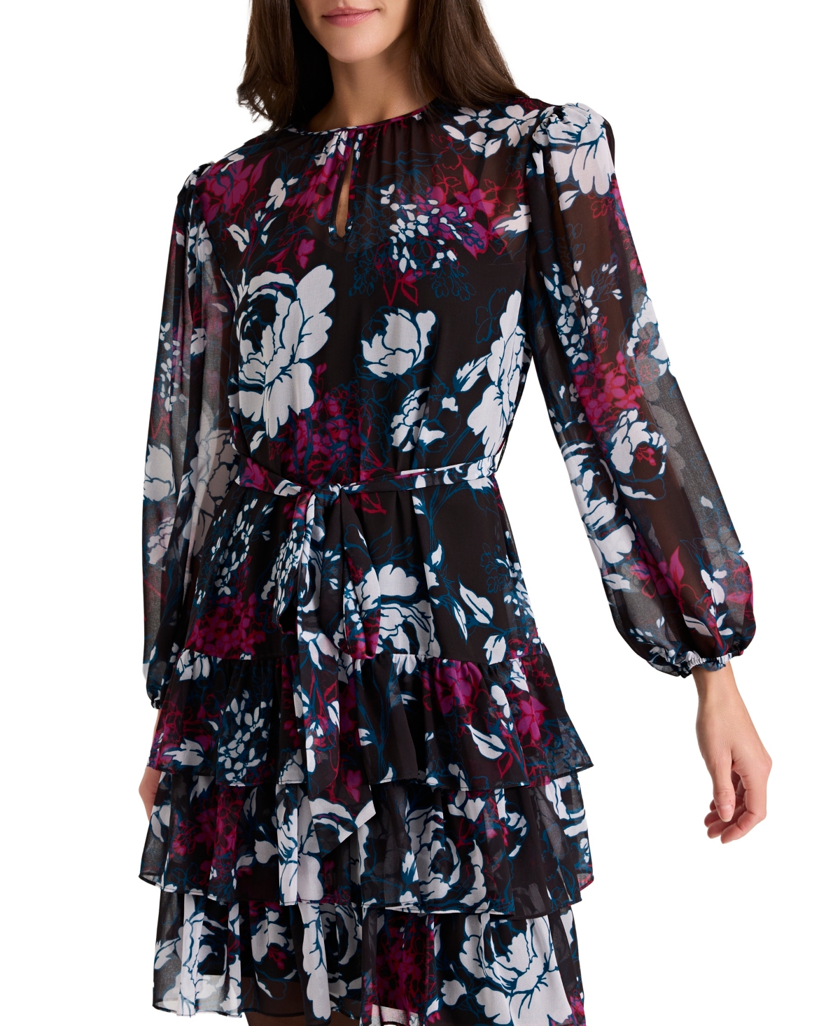 Tahari Asl Women's Belted Boucle Long-Sleeve Dress