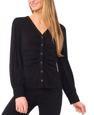 Women's V-Neck Long-Sleeve Shirred Knit Top