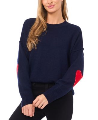 CeCe Women's Valentine's Crewneck Heart Elbow Patch Long-Sleeve
