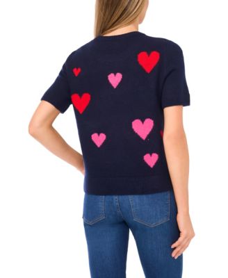 Women's Valentine's Crewneck Heart-Print Short-Sleeve Sweater