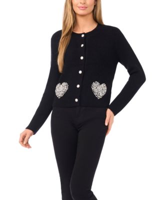 CeCe - Women's Crewneck Rhinestone Heart Pocket Cardigan