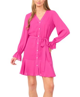 Women's V-Neck Long-Sleeve Tie Waist Dress